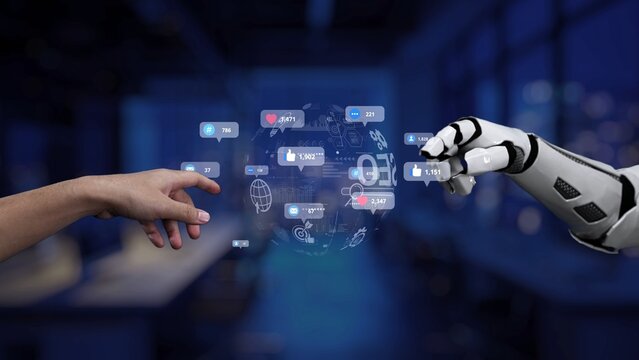 A human hand reaching toward a robotic hand amidst floating social media icons, representing digital interaction, connectivity, and the modern workspace of the future. Synapse - Powered by Adobe