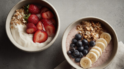 Healthy smoothie bowls with granola, strawberry, blueberry, banana, yogurt on gray table