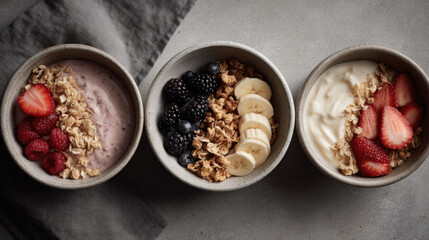 Healthy smoothie bowls with granola, strawberry, banana, blackberry, raspberry toppings