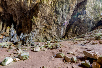 Nimara cave near Marmaris, Turkey inside. Stalactites stalagmites and streak formations in cave of...
