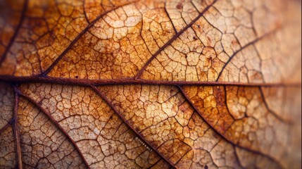 Fototapeta premium Detailed Close-Up of Dried Autumn Leaf with Intricate Cracked Texture and Warm Earthy Hues