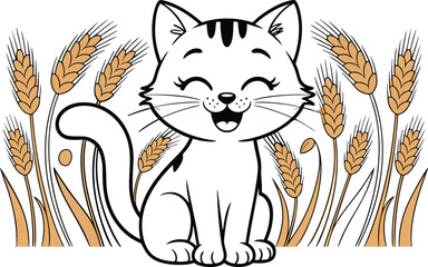 Kids Coloring Page of a Cat on the Grass that is Blank and Cat Coloring Sheet Vector Art, Icons, and Graphics, Cartoon Cat 