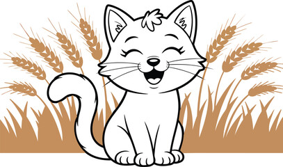 Kids Coloring Page of a Cat on the Grass that is Blank and Cat Coloring Sheet Vector Art, Icons, and Graphics, Cartoon Cat 