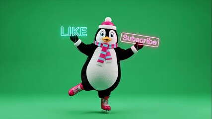 Playful Penguin Ice Skater Mascot Promoting Interaction - A cheerful penguin mascot dressed in winter attire is skating and holding neon signs that read "LIKE" and "Subscribe" against a vibrant green - Powered by Adobe