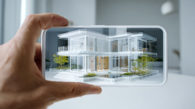 Augmented reality visualization of a modern house design on a smartphone screen