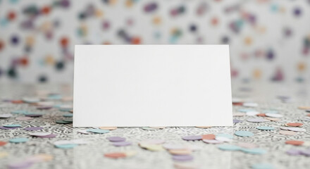 Blank horizontal white card mockup surrounded by pastel party confetti on patterned surface for celebration