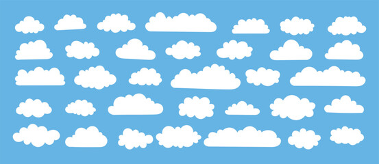 White cloud and blue sky set. cartoon clouds in flat design. Icons vector illustration