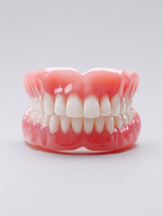 Fototapeta premium Set of full upper and lower removable dental prosthetics with realistic pink gums and white teeth isolated on a clean light background for oral care concepts