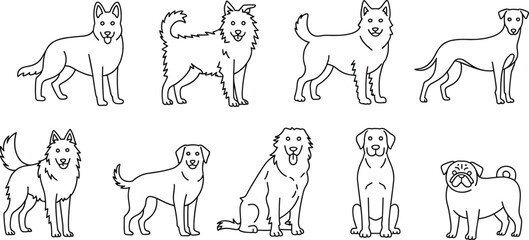 Set of hand-drawn dog breed outlines, vector pet illustrations, cartoon line art dogs, animal graphic icons, canine clipart collection.