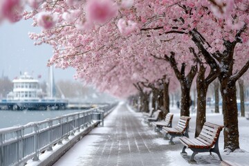 Snowy Cherry Blossom Path with Benches and Water View
