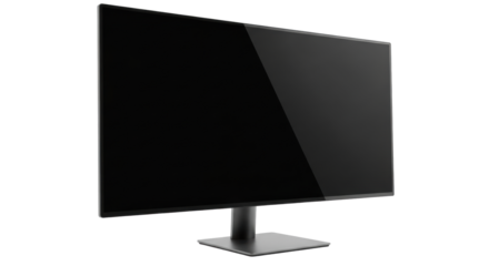 A cutting-edge computer monitor, wide blank black screen, ultra-thin bezels, sleek dark stand, subtle reflections, transparent background, copy space. Concept of modern technology