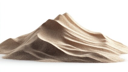 A sculpted mound of light beige sand, shaped like a mountain range, rests on a white background