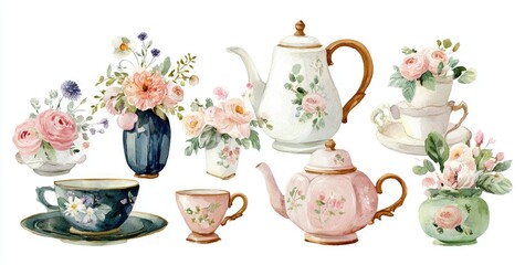 Watercolor tea set with floral arrangements
