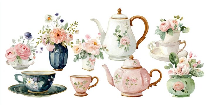Watercolor tea set with floral arrangements - Powered by Adobe