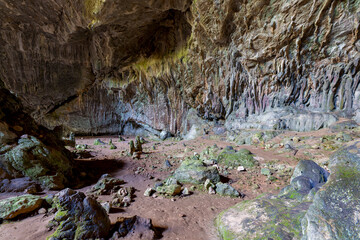 Nimara cave near Marmaris, Turkey inside. Stalactites stalagmites and streak formations in cave of...