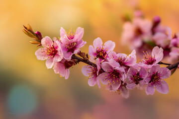 Delicate pink blossoms blooming on a tree branch with soft, warm-toned background highlighting the beauty of springtime nature in gentle sunlight