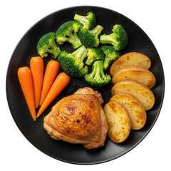 Roasted chicken thigh with carrots broccoli and potato wedges isolated on a transparent background crispy