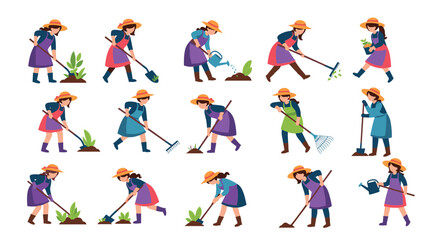 Fototapeta premium A collection of illustrations of a female gardener performing various farm activities.