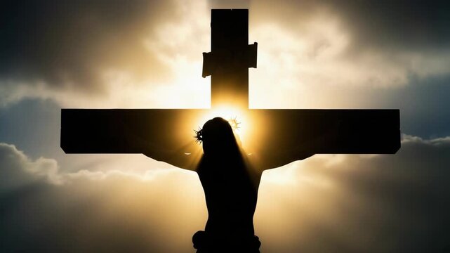 Image shows silhouette of Jesus Christ on cross against sunlit sky, symbol of hope and faith. Silhouette against sunlit sky, symbolizing sacrifice and redemption, and remembering Jesus.
