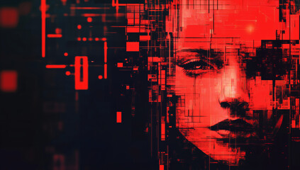 Abstract digital art featuring woman face with red and black geometric patterns, evoking sense of technology and emotion