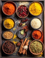 Assorted spices in small bowls