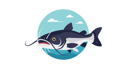 Fototapeta premium A large dark catfish swims in blue water with a cloudy sky.