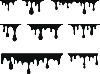 Black melt drips or liquid paint drops. Dripping liquid. Paint flows. Current paint, stains. Current drops. Current inks. Vector illustration. isolated on white background 
