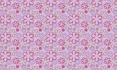 Cute linear flowers pattern on pink background. Seamless hand drawn floral vector ornament for textile, fabric, interior, ceramic, wallpaper, paper decoration