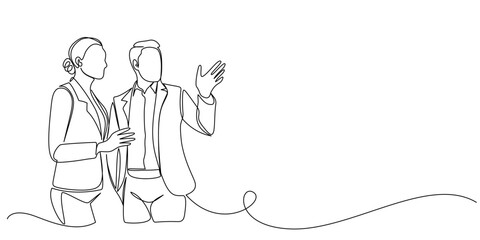 Line art Illustration of business people working together in the office. One line art style