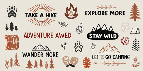 Collection of hand drawn outdoor adventure elements and inspirational phrases for hiking and camping