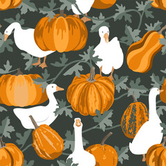 Cute geese in autumn field with pumpkins, seamless vector pattern. Fall childish design for textile, paper, package. Autumn fabric illustrations.