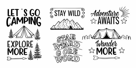 Collection of hand drawn camping and adventure themed lettering with tents mountains and trees