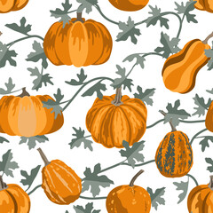 Cute field with pumpkins and stalks. Autumn vegetable garden seamless pattern. Vector illustration.