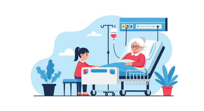 A young girl visits her grandmother in the hospital receiving medical care.