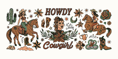 Retro western style illustration featuring cowgirls horses cacti and boots with howdy and cowgirl text