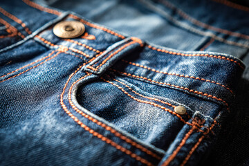Fototapeta premium Close-up of classic denim jeans with orange stitching and metal rivets