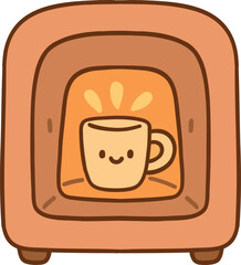 Doodle illustration of a cute kawaii smiling clay cup baking in a pottery kiln. Cozy pastel colors, hand-drawn cartoon style, perfect for ceramics, crafts, and DIY projects.