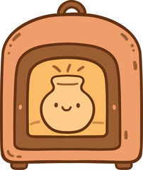 Cute kawaii doodle vector illustration of a clay pottery kiln with a handmade jug inside, baking in soft pastel colors. Cozy, charming style, perfect for ceramics, pottery, clay craft and DIY themes.
