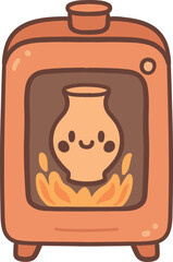 Cute kawaii doodle vector illustration of a cozy pottery kiln with a smiling clay jug inside and a warm glowing fire. Hand-drawn cartoon style, perfect for ceramics, crafts, and DIY.
