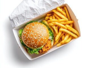 A gourmet burger and fries in a white cardboard box