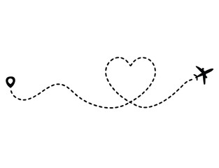 Love airplane route. Romantic travel, heart dashed line trace and plane routes. isolated vector illustration 
