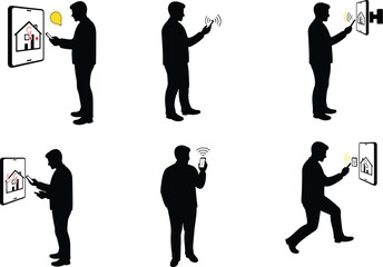 Modern smartphone user silhouettes with wifi connectivity, smart home control, virus tracking, internet access, mobile technology, communication, digital lifestyle illustration