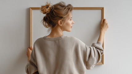 Rear view of a young woman hanging a large poster frame mockup in a modern apartment. She is placing an empty blank frame on the wall, preparing to display an artwork.