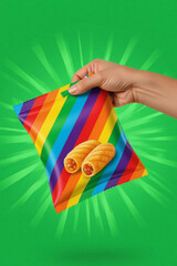 Brighten your day with this fun rainbow snack bag filled with delicious crunchy rolls, perfect for parties and happy moments.