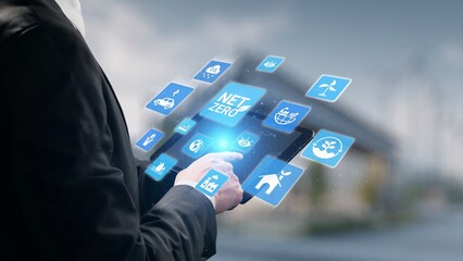 Net zero and sustainability concepts with environmental balance, digital sustainability icons,...