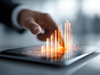 Businessperson interacting with a digital tablet displaying a glowing holographic bar chart representing data analysis and financial growth trends in a modern office sett