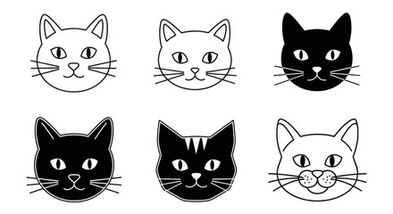 Fototapeta premium Six stylized cat faces in black and white, showcasing playful and cute expressions