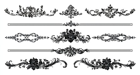 Set of ornate floral dividers.  Black and white.  Decorative flourishes and flowers.  Various sizes and styles