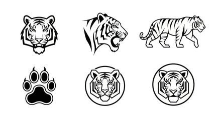 Majestic tiger illustrations showcasing power and grace in various iconic poses and details.