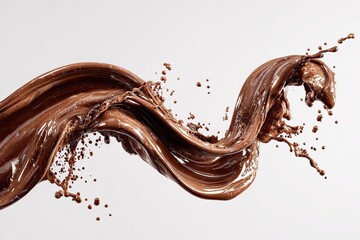 A dynamic, flowing stream of chocolate, captured in motion with splashes.  The liquid swirls in a graceful, wavy pattern against a plain white background